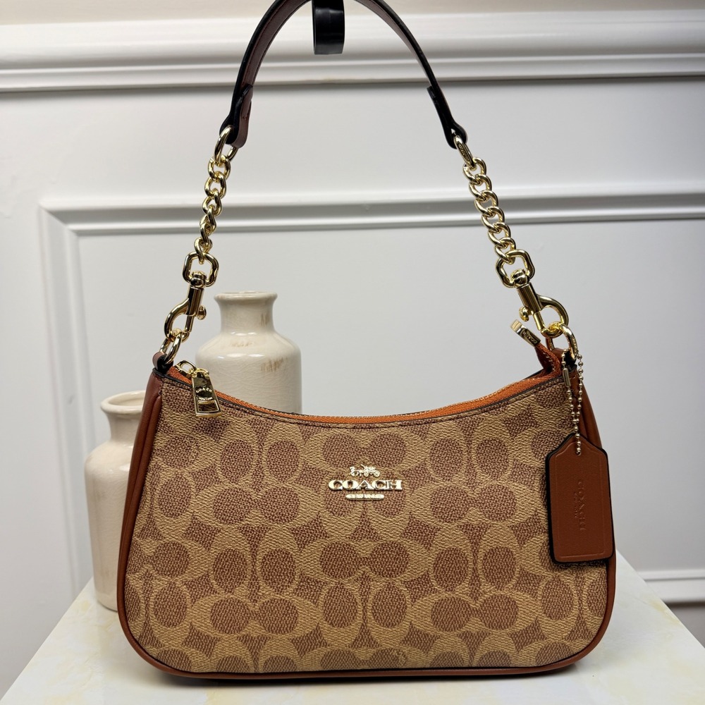 Coach Teri Signature Canvas Shoulder Bag Brown Tan